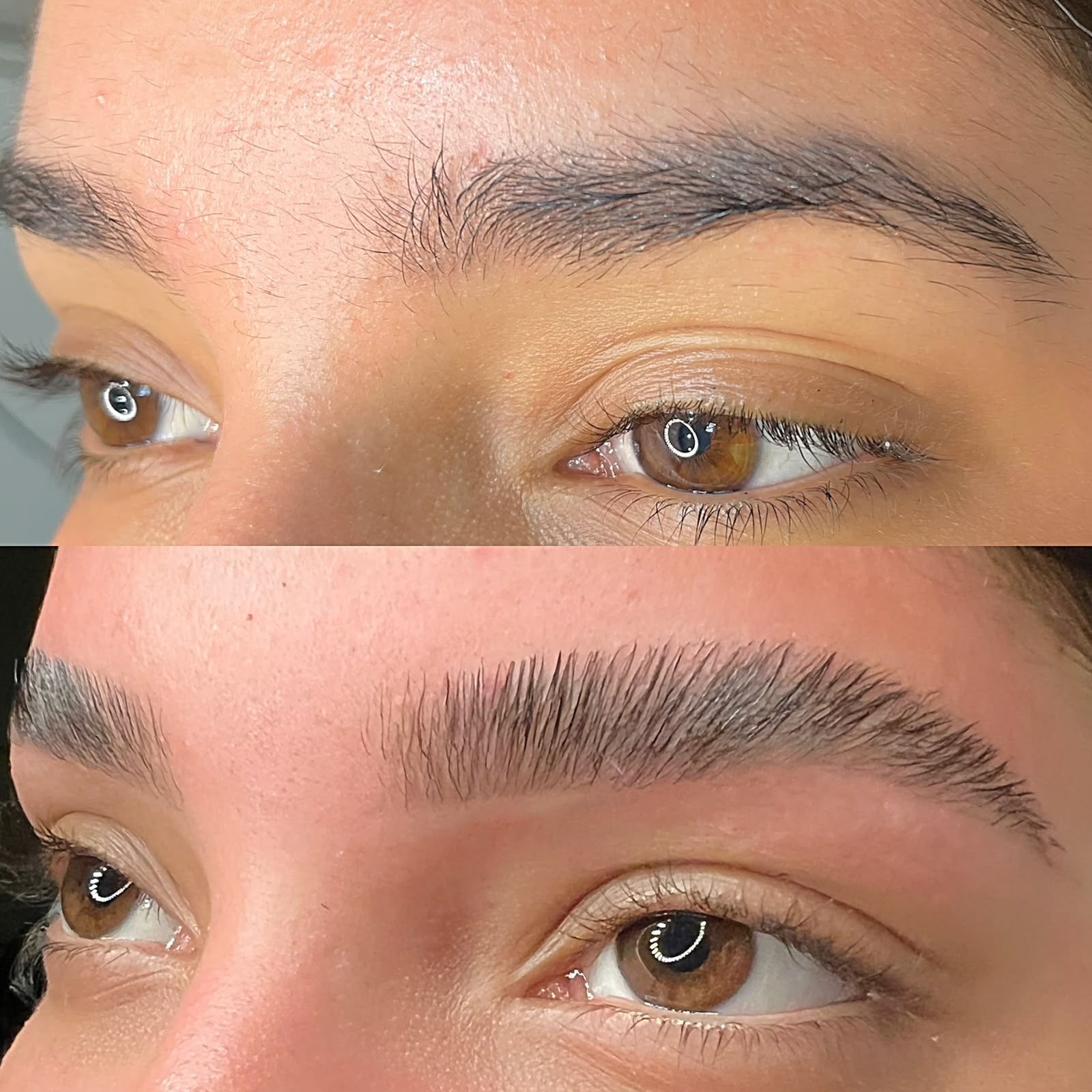 Antes e depois de brow lamination — sobrancelhas alinhadas e volumosas